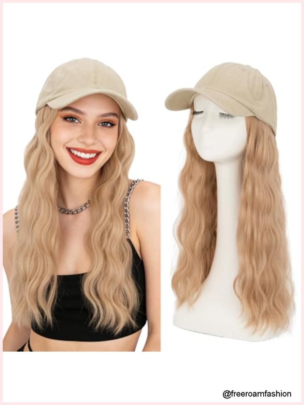 Distressed Baseball Hat Wig with Long Wavy Hair, Adjustable Vintage Cap Wig